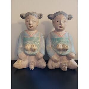 VTG Pair Of handmade/Carved/Painted Chinoiserie Wood Figures Thailand